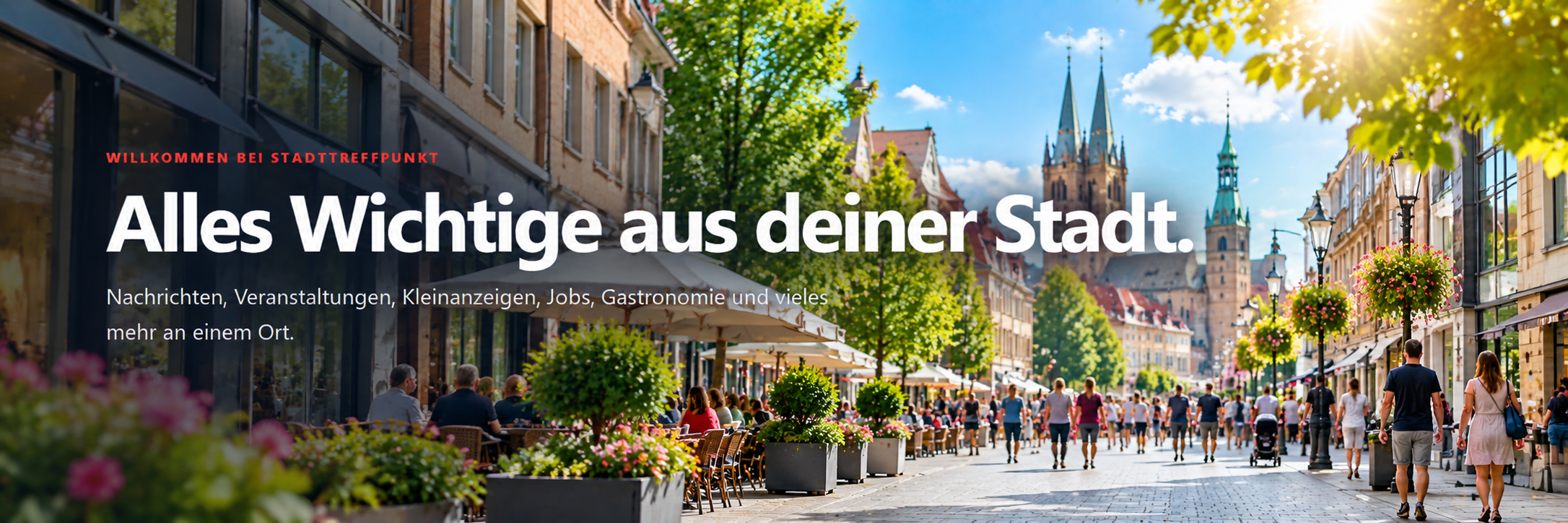 Willkommen bei Stadttreffpunkt. Alles Wichtige aus deiner Stadt. Nachrichten, Veranstaltungen, Kleinanzeigen, Jobs, Gastronomie und vieles mehr an einem Ort.
