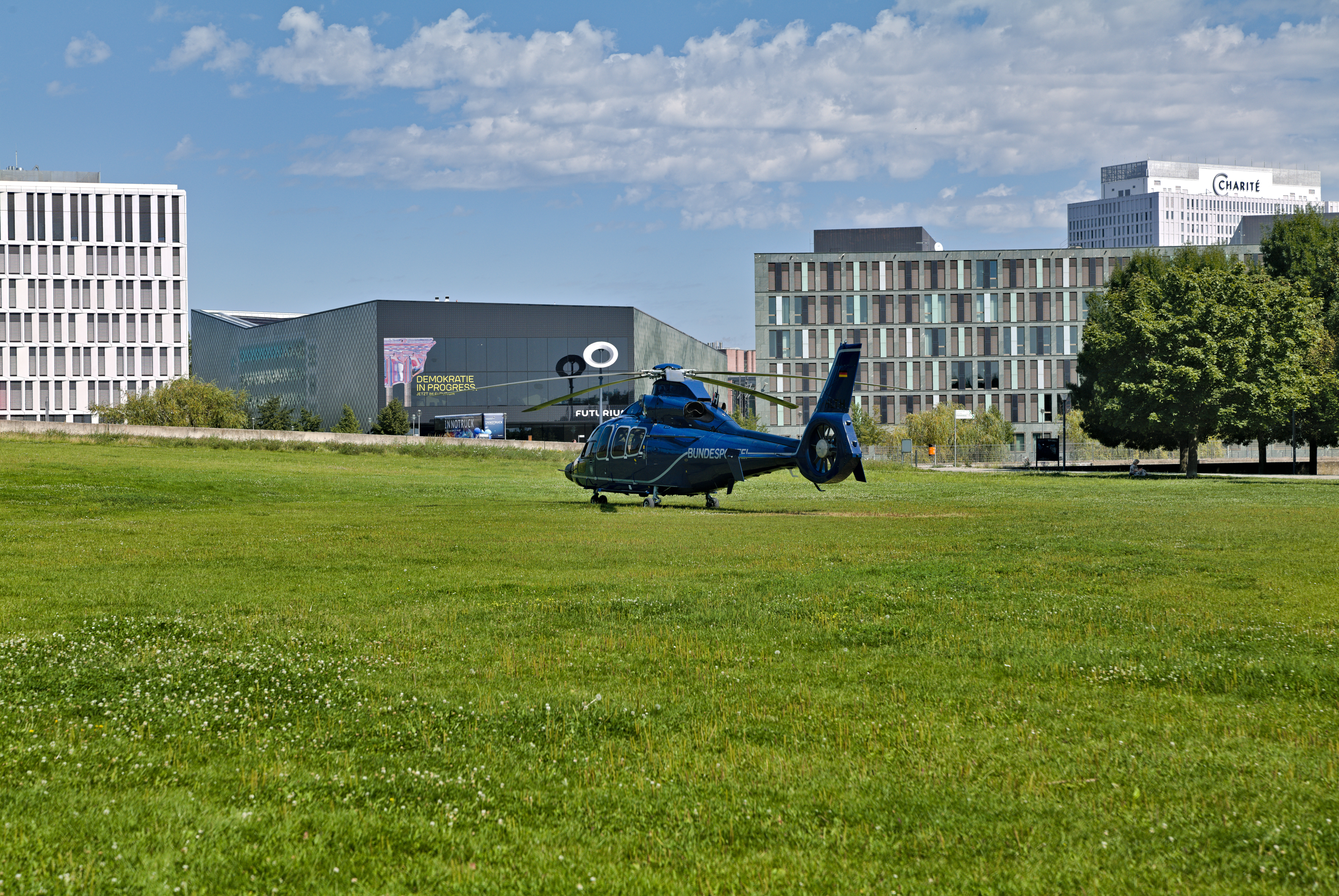 Police helicopter at open house of the government in the Spreebogenpark.